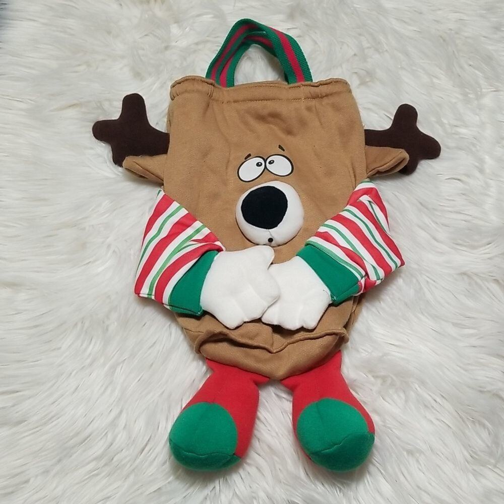 Vintage 90s Christmas Reindeer Plush Bag Holiday Novelty Kitsch